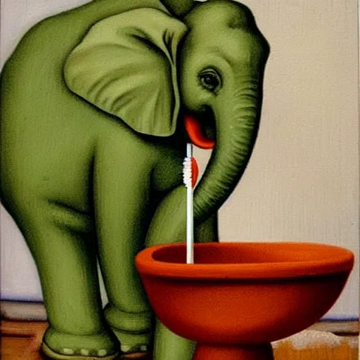 Image similar to cute little green elephant cleaning out a toilet with big toothbrush, dramatic, oil painting by Raphael