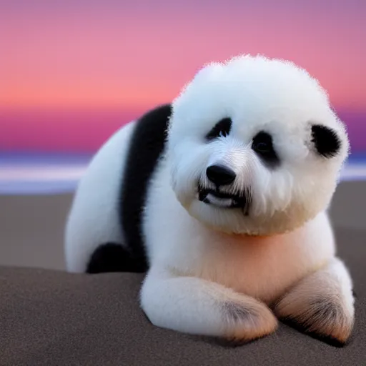 Image similar to a closeup photorealistic photograph of panda themed white bichon frise smiling on the beach at sunset. This 4K HD image is Trending on Artstation, featured on Behance, well-rendered, extra crisp, features intricate detail and the style of Unreal Engine.