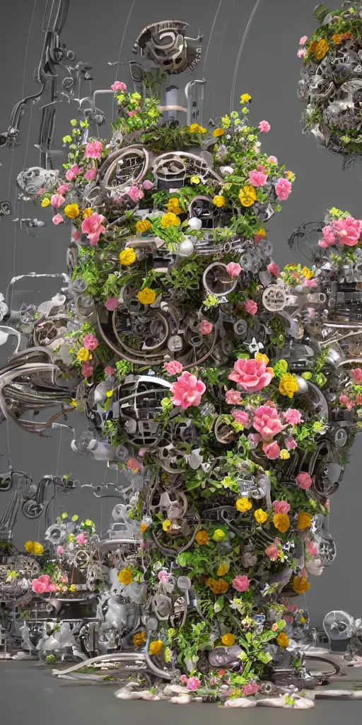 Image similar to a lovely mechanical cornucopia of flowers sci-fi futuristic utopian machine parts wires circuits highly detailed octane render cinematic