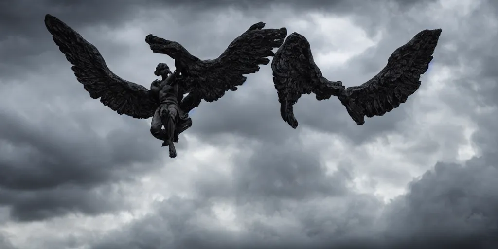 Image similar to fallen archangel striking from the heavens, dark cloudy sky with thunder, dramatic light