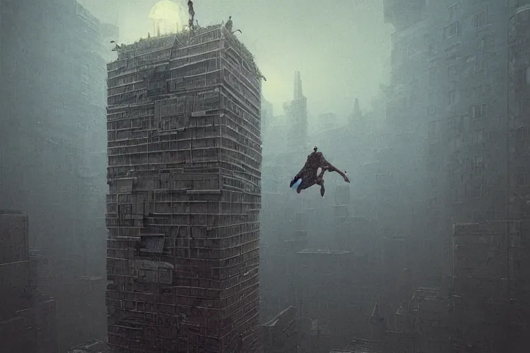 Image similar to man falling from the top of the building, wide shot, sci fi, art by mike winkelmann, trending on cgsociety, retrofuturism, darksynth, sci - fi, reimagined by beksinski carl spitzweg