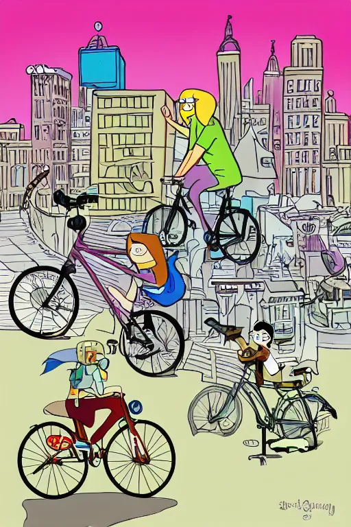 Prompt: illustration of an original character riding a bike in the big city, in the style of adventure time, by pendleton ward