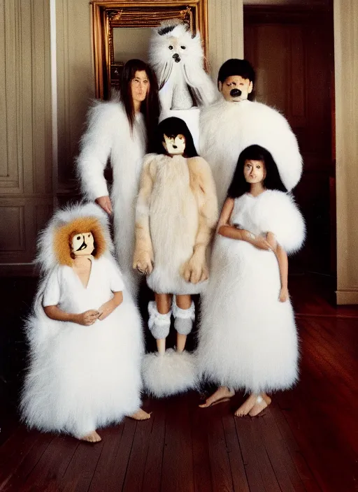 Prompt: realistic photo of the family wearing fluffy hairy masks, faceless, no face, white fluffy cotton shorts, white fluffy cloak, polished and fancy, standing in the wooden room full of wooden bird idol sculptures 1 9 9 0, life magazine reportage photo