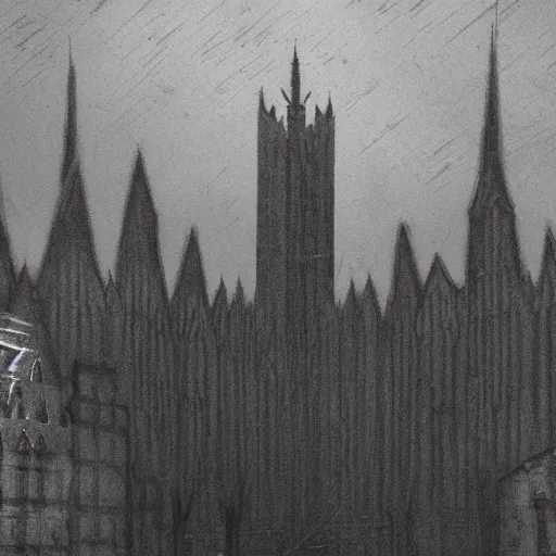 Prompt: a vast, dark city looms on the horizon. its towering spires and imposing walls are made of cold, grey stone. the streets are labyrinthine, and filled with shadows. the citizens are a dour, gothic people, dressing in dark colours and speaking in hushed tones.