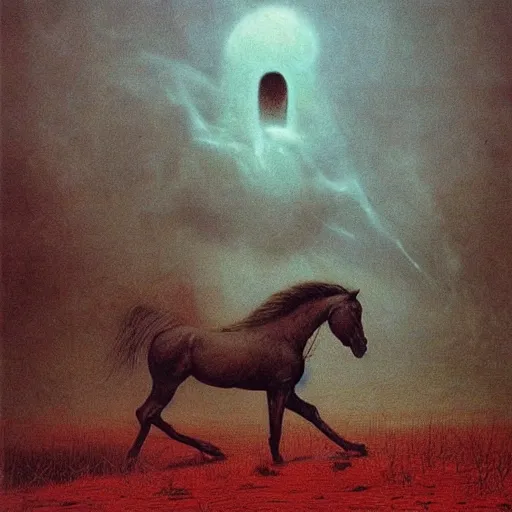 Prompt: horse beksinski, eldritch, apocalypse, creepy creature, horror spooky