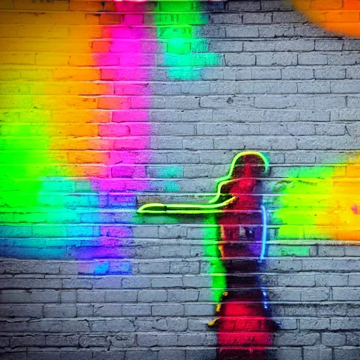 Image similar to a neon rainbow darth vader as grafitti on a brick wall.