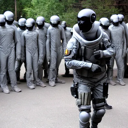 Image similar to extraterrestrial grey alien, being arrested by special forces