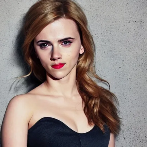 Image similar to a woman who is a genetic combination of scarlett johansson and emma watson face and upper - body focus