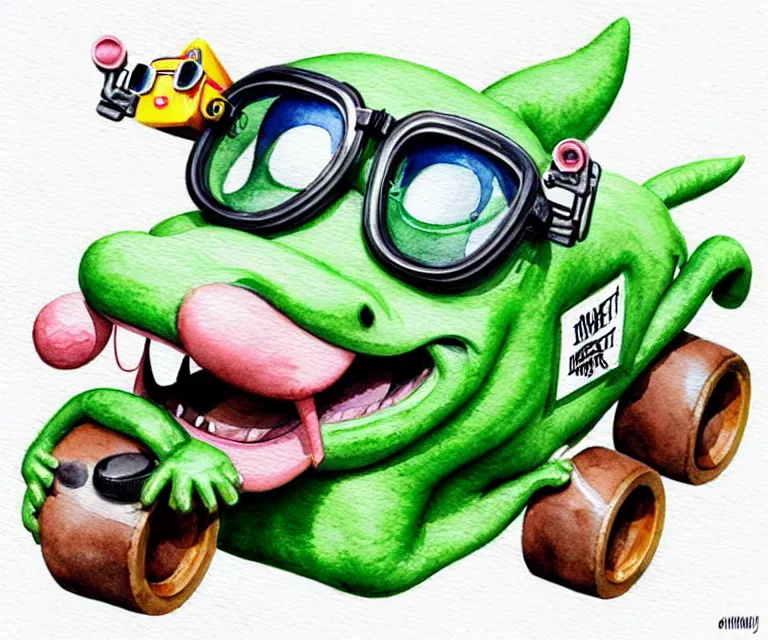 Image similar to cute and funny, horse wearing goggles driving a tiny hot rod with an oversized engine, ratfink style by ed roth, centered award winning watercolor pen illustration, isometric illustration by chihiro iwasaki, edited by craola, tiny details by artgerm and watercolor girl, symmetrically isometrically centered