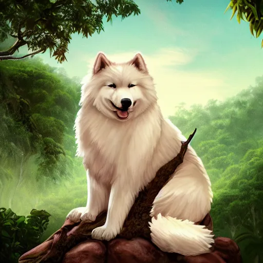 Image similar to a samoyed dog seated on a rock in a jungle!, mist, tropical trees, vines, birds, sunset!, fluffy clouds, warm colors, beautiful lighting, digital art, intricate details, trending on artstation