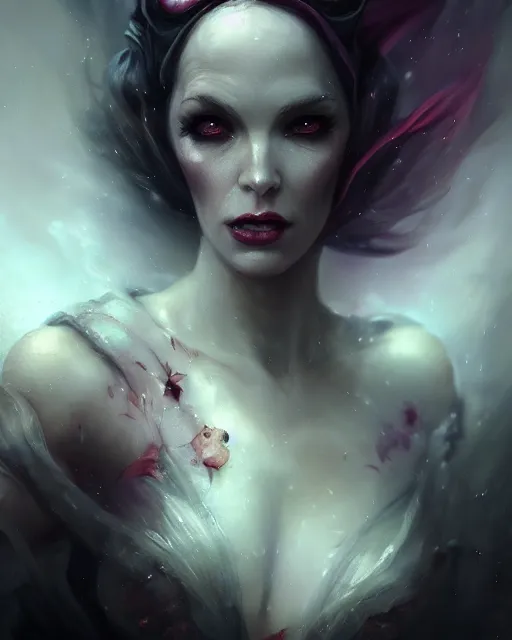 Image similar to bastien lecouffe deharme and wlop detailed portrait digital rococo painting of a beautiful serious villainess wearing fantasy clothing like liliana vess, villainess has black angel wings, evil mood, hellish battlefield in the background, unreal engine, embers flying, hyper realism, realistic shading, cinematic composition, blender render, octane render, ultrawide shot