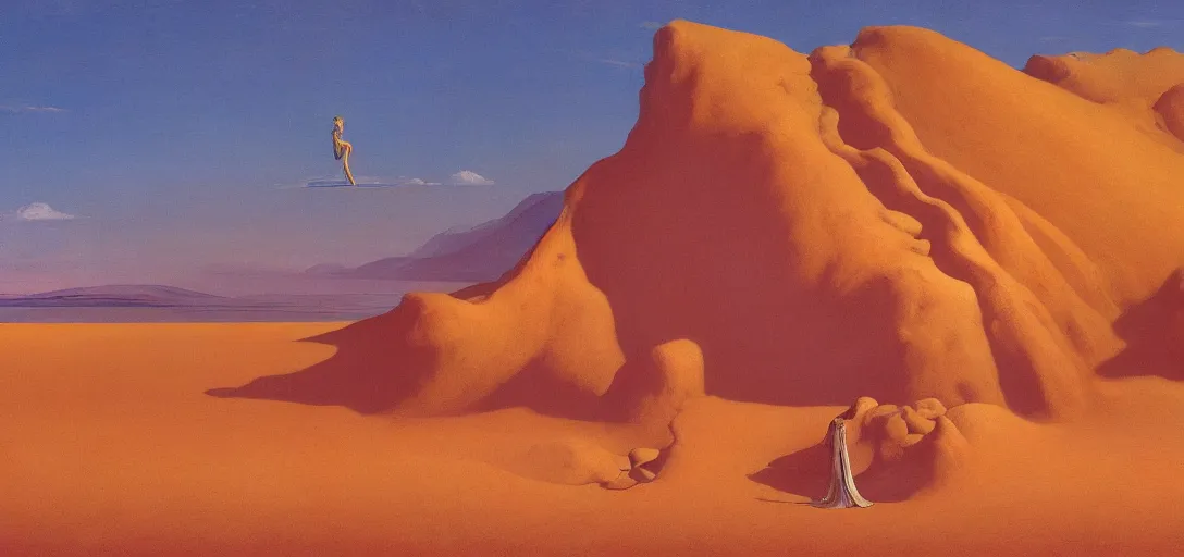 Image similar to a golden salt flat surrounded by dunes with a ruined statue of a woman emerging from the blue sand, illustrated, epic composistion,, edward hopper and zdzislaw beksinski, volumetric lighting, surreal flat colors, concept art