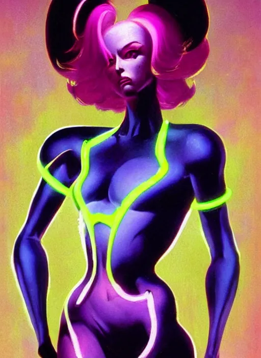 Prompt: female evil android, neon hair, glowing skin, strong line, saturated color, beautiful! coherent! by frank frazetta, high contrast, minimalism