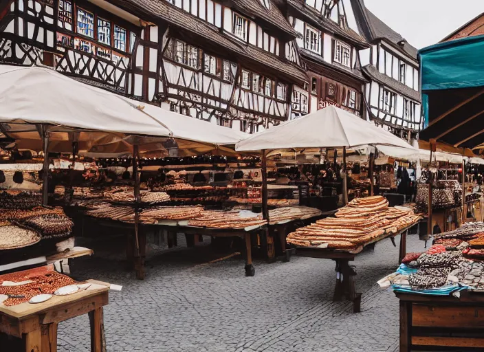 Image similar to eyelevel view of a medieval german marketplace, selling various food, cloth, and utensil items, trending on unsplash, 4 k photorealism, intricate