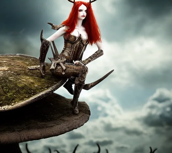 Image similar to a photo of an armored woman warrior redhead with antlers sitting on a giant mushroom that covers a whole village and reaches above the clouds by luis royo. intricate. lifelike. soft light. sony a 7 r iv 5 5 mm. cinematic post - processing