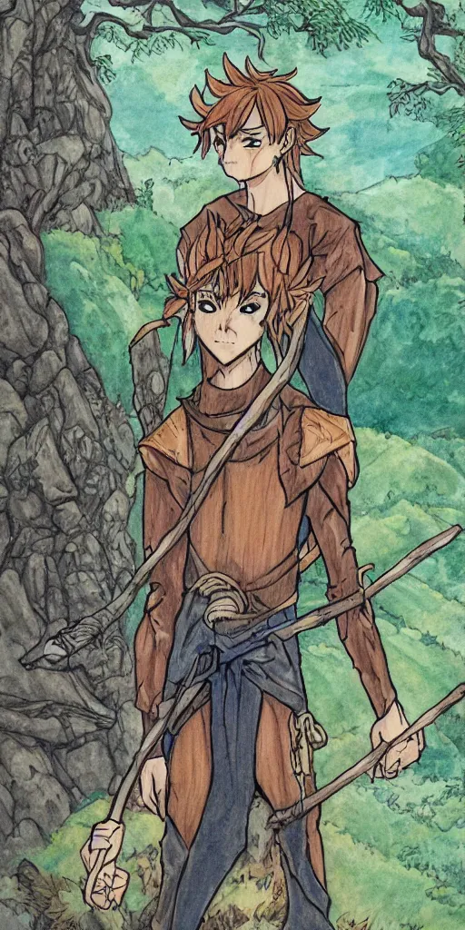 Image similar to an wood elf boy getting ready for an high fantasy adventure on the mountain side, anime style, tarot card, Tarot card the fool, fine line work, colorful,