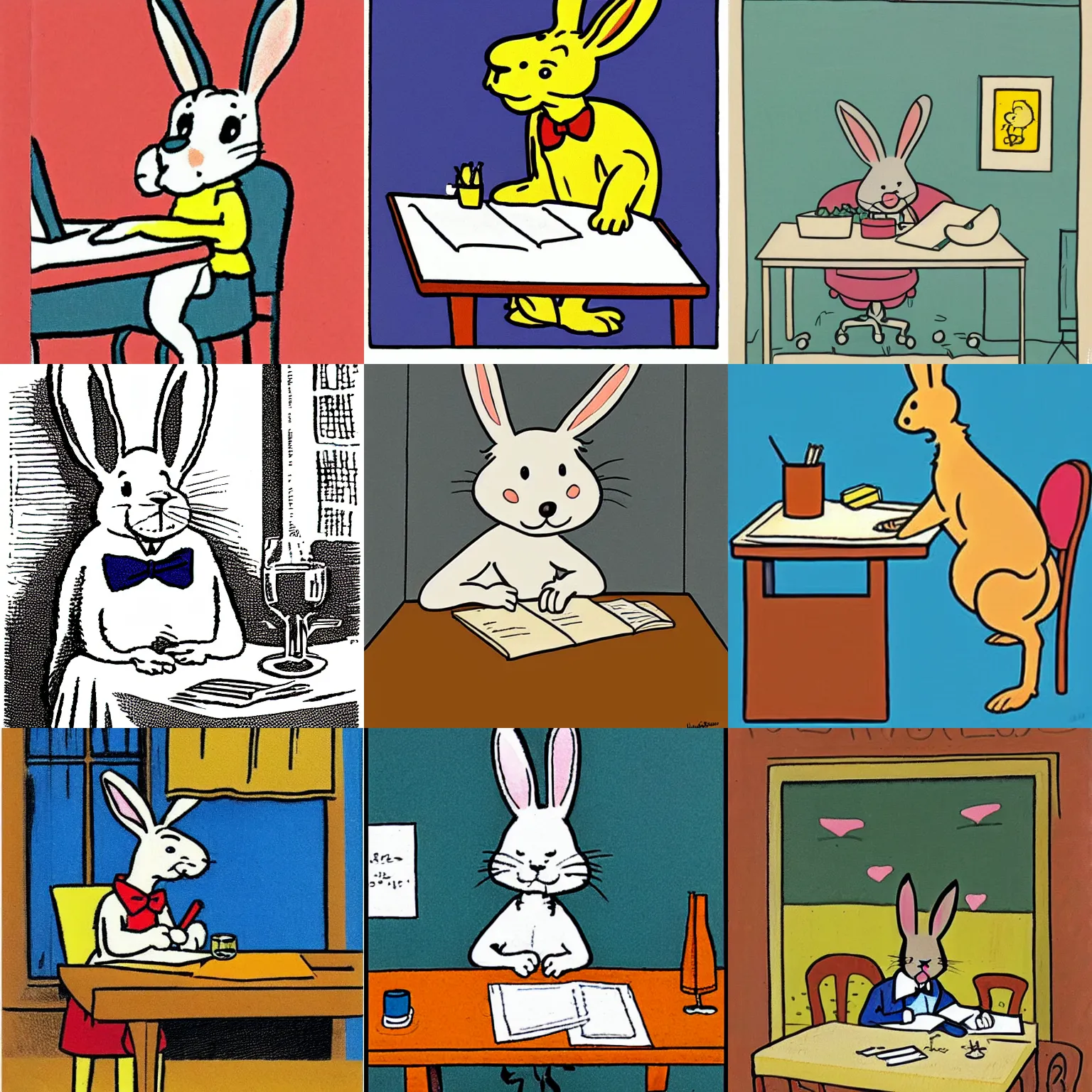 Prompt: a cute cartoon rabbit happily sitting at a table and writing on a notebook, Hergé