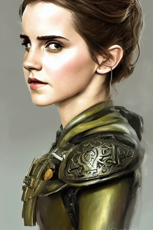 Prompt: a professionally painted portrait of a beautiful Emma Watson, clothed in military armor, olive skin, long dark hair, beautiful bone structure, symmetrical facial features, intricate, elegant, digital painting, trending on Artstation, concept art, smooth, sharp focus, illustration, from Metal Gear by Ruan Jia and Mandy Jurgens and Artgerm and William-Adolphe Bouguerea, award winning
