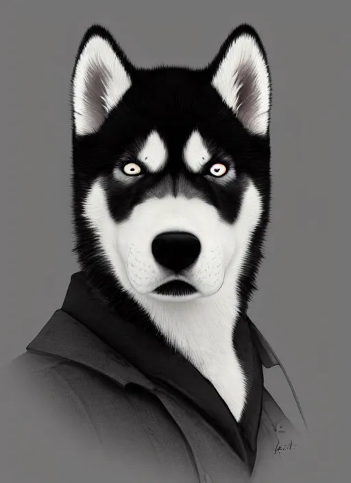 Image similar to masterpiece portrait of a cute husky as a gentleman, au naturel, hyper detailed, digital art, trending in artstation, cinematic lighting, studio quality, smooth render, unreal engine 5 rendered, octane rendered, art style by klimt and nixeu and ian sprigger and wlop and krenz cushart and kim jung gi and greg rutkowski