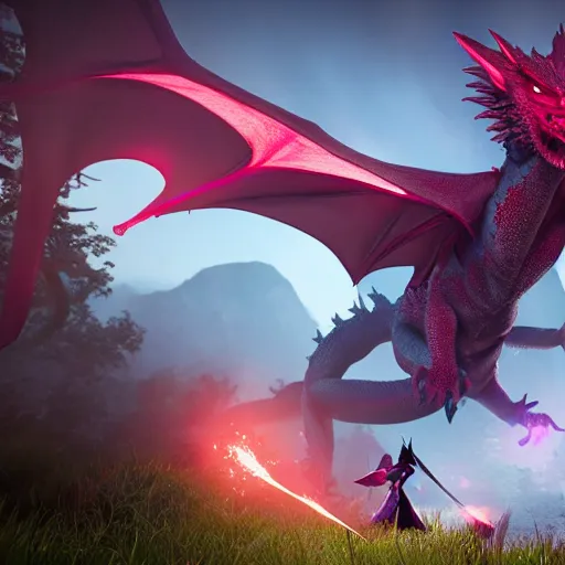 Image similar to princess knight girl fight a huge red dragon in the woods, cinematic lighting, highly detailed, unreal engine,
