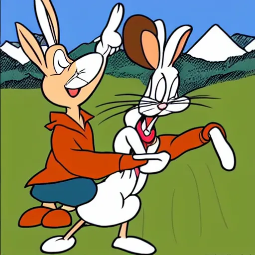 Image similar to bugs bunny being stalked and eaten by a mountain lion, animated, old cartoon style