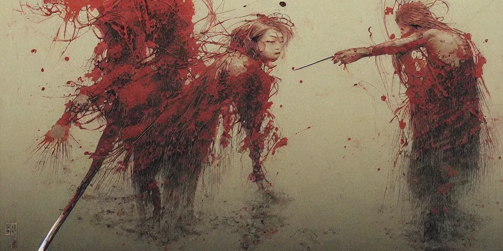 Image similar to Japanese schoolgirl runs away from Samurai with a katana on the subway, high detailed Beksinski painting, part by Adrian Ghenie and Gerhard Richter. art by Takato Yamamoto. deep colours