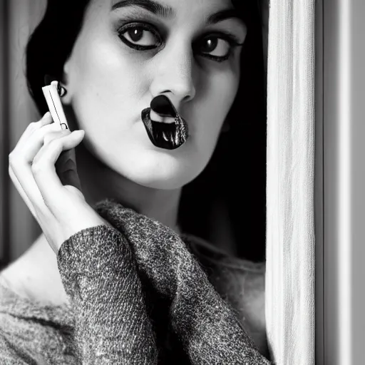 Image similar to black and white fashion photo of a model woman smoking a cigarette by the window