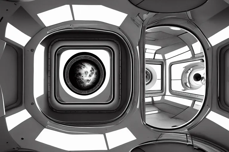 Image similar to small spaced quarters inside rocket ship with gray metallic factory engine walls and small window looking into space, details, sharp focus, intricate, high definition, movie set, retro style, 1970s, 1980s, sci-fi, digital Art, 3D, realistic photograph, lucasfilm, space odyessy