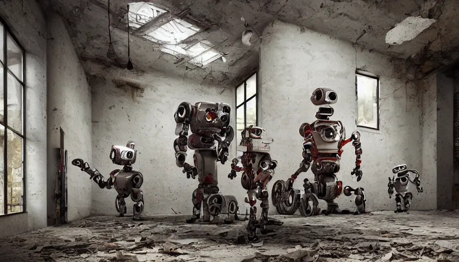 Image similar to robots in an abandoned decrepit art gallery, photos of natural landscapes on walls, robots stand in front of landscape paintings, robots holding paintbrushes and easels, landscape paintings on canvas, 4 k, dramatic lighting, cinematic lighting, robot painter, canvases