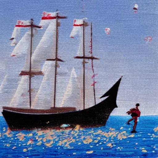 Image similar to sailor on sea with million bottles