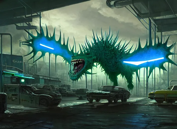 Prompt: scene inside a gas station with harsh fluorescent blue-white-green industrial lighting, giant monstrous aggressive spiked creature screaming at the camera, spikes like needles, needles, thin spikes, epic science fiction horror digital matte painting by Steve Henderson and Mark Brooks (and Greg Rutkowski), extremely detailed, artstation