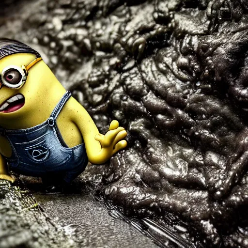 Image similar to glistening wet meaty minion crawling on its knees through a small tunnel, looking up towards the camera, horrifying atmosphere, cave photograph