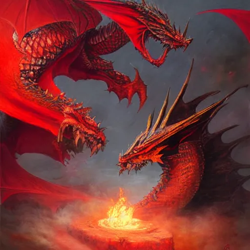 Prompt: epic fantasy painting of red dragon breathing fire towards knight, by john avon, by seb mckinnon, high detail, fantasy battle, by christopher rush