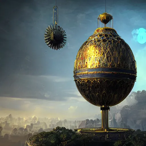 Image similar to enormous flying faberge egg containing a city, sky, steampunk, fantasy art, unreal engine,