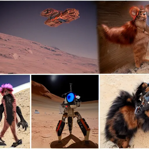 Image similar to furry convention on mars, animal costumes, 8 k photography, cyberpunk