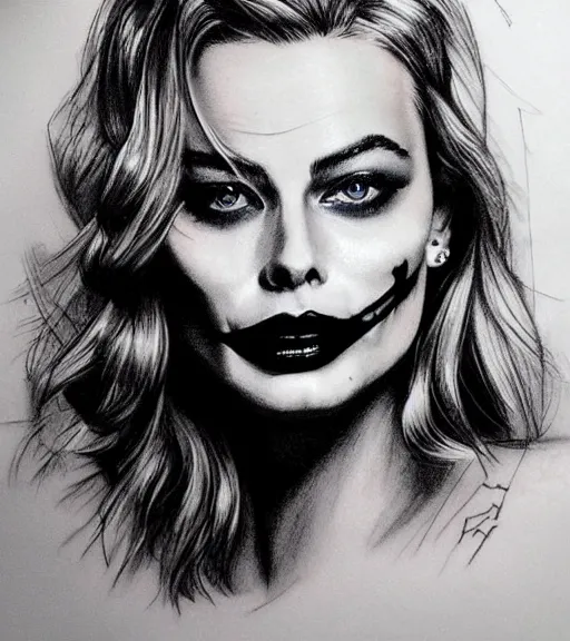 Image similar to tattoo design sketch of beautiful margot robbie portrait with joker makeup, in the style of den yakovlev, realistic face, black and white, realism tattoo, hyper realistic, highly detailed