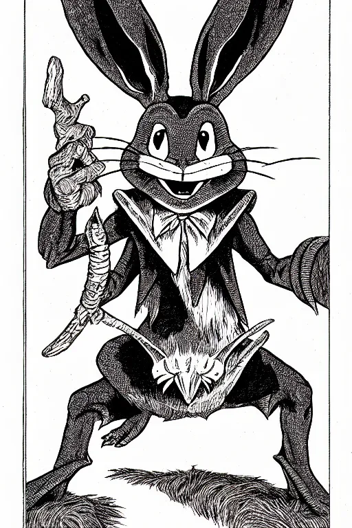 Image similar to bugs bunny as a d & d monster, full body, pen - and - ink illustration, etching, by russ nicholson, david a trampier, larry elmore, 1 9 8 1, hq scan, intricate details, stylized border