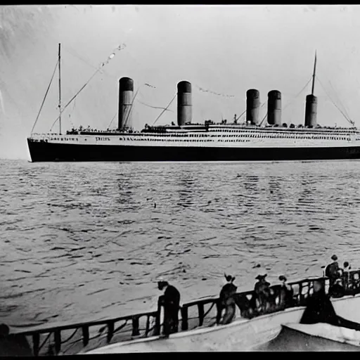 Prompt: a photo from 1 9 1 2 of a whale breaching next to the titanic as it arrives in new york city