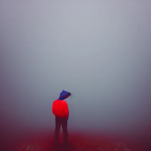 Image similar to symmetrical blue and red, mysterious man looking at a distant machine in fog