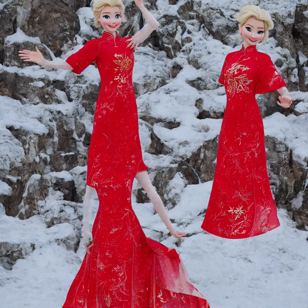 Prompt: elsa is wearing a chinese red cheongsam, frozen, disney style.