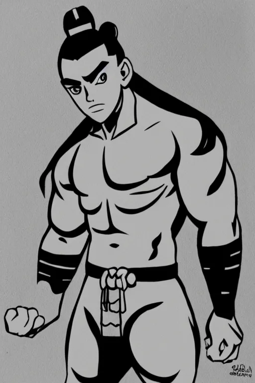 Image similar to Sokka of the Water Tribe, jacked body builder gigachad, greyscale 🎨🖌️