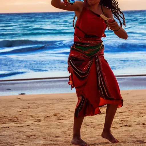 Prompt: 3 5 year old mediterranean skinned woman in ancient canaanite clothing dancing with a tambourine by the ocean, sunset, other women dancing behind,