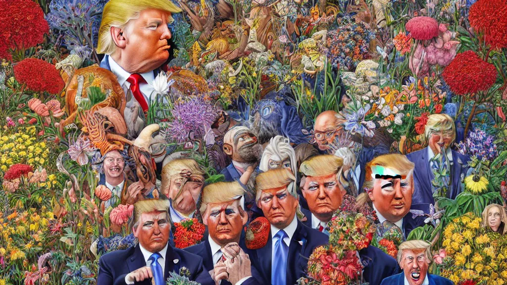 Image similar to highly detailed oil painting of donald trump surrounded by all the known species of flowers by olaf hayek, by moebius, by oliver vernon, by joseph moncada, by damon soule, by manabu ikeda, by kyle hotz, by dan mumford, by kilian eng