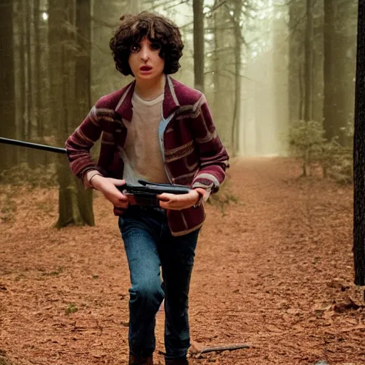 Image similar to Finn Wolfhard (Mike Wheeler) for Stranger Things holding a gun and running in a forest, dramatic lighting, cinematic, establishing shot, extremely high detail, photo realistic, cinematic lighting