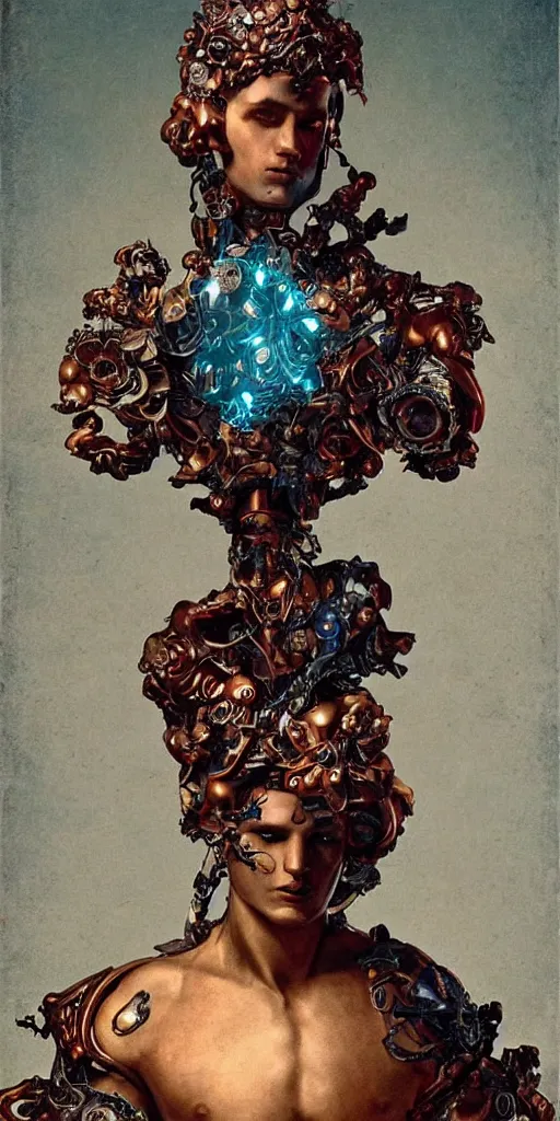 Prompt: a young handsome Spanish metal android with a large glowing red lit crystal in the center of his chest, full-body bronze cyberpunk style statue of Icarus with glowing purple eyes, crown of mechanical peach roses, flowing teal-colored silk, fabric, steampunk flowers. baroque elements, human skull. full-length view. baroque element. intricate artwork by caravaggio. many flying horses on background. Trending on artstation, octane render, cinematic lighting from the right, hyper realism, octane render, 8k, depth of field, 3D