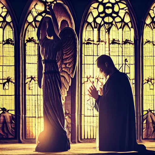 Image similar to angel protecting man who is praying inside a gothic church, studio light, 4K highly detailed, realistic style, playing with with light and dark