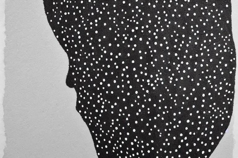 Image similar to face made out of mist, faceless people dark, dots, drip, stipple, pointillism, technical, abstract, minimal, style of francis bacon, asymmetry, pulled apart, cloak, hooded figure, made of dots, abstract, balaclava