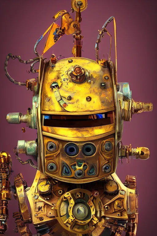 Prompt: colorful vivid steampunk mask minimalist fantasy art robot ninja helmet, global illumination ray tracing hdr fanart arstation by sung choi and eric pfeiffer and gabriel garza and casper konefal