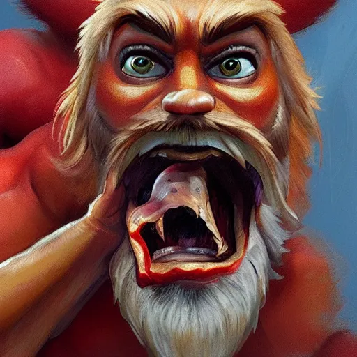 Image similar to portrait of gritty opening his mouth to eat pizza, also smashing pizza with his fists, highly detailed, digital painting, artstation, concept art, sharp focus, illustration, art by artgerm and greg rutkowski and alphonse mucha