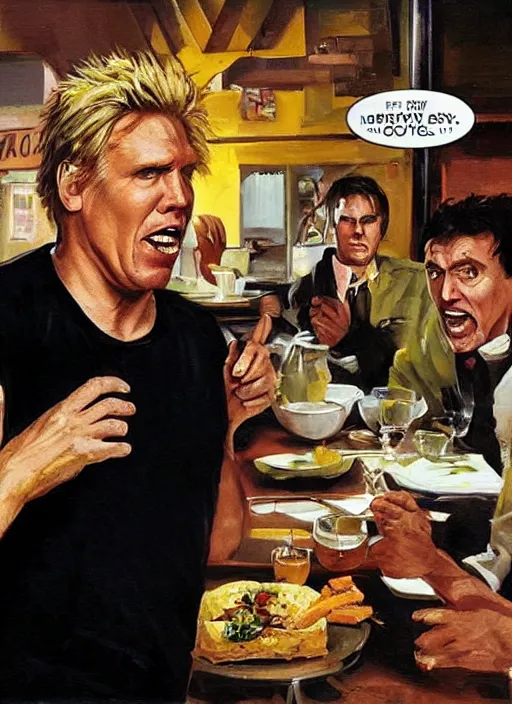 Image similar to gary busey is presented with the worst kind of food in a cafe and vows to eat the chef, by phil hale and tom lovell and frank schoonover